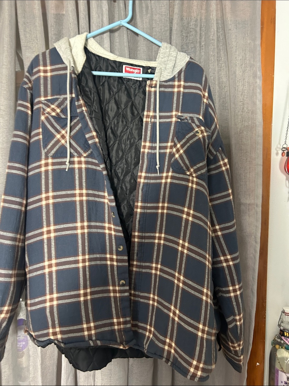 Wrangler Navy Plaid Hooded Utility Jacket with Cream and Tan Stripes